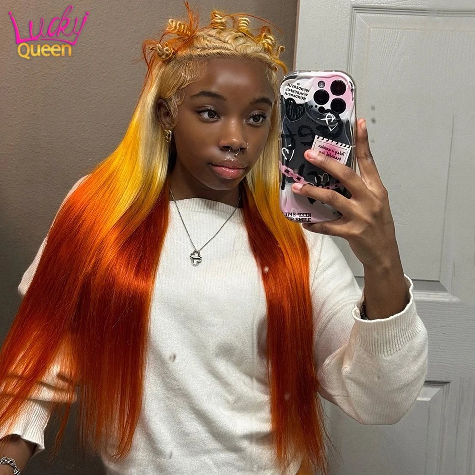 

Blonde Orange Ombre Lace Front Wig Human Hair Straight 13x6 Transparent Lace Frontal Wig 180% Density Pre Plucked with Baby Hair