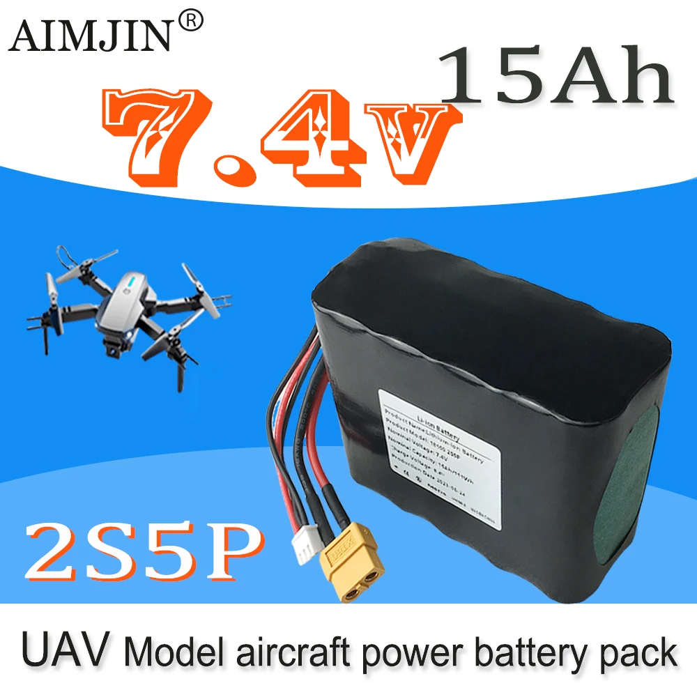 7.4V 15Ah  2S5P 8.4V High Capacity UAV Rechargeable Li-ion Battery for Various RC Airplane Quadrotor XH2.54-3P XT60