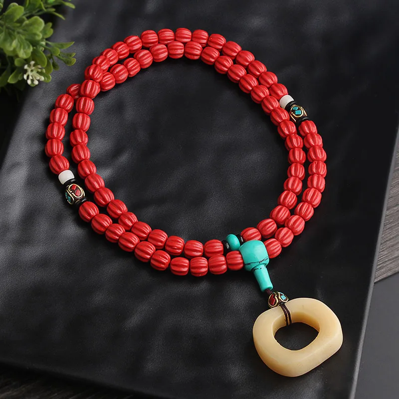 

DIY accessories Red cinnabar sweater chain long camel bone cow bone pendant ethnic style pendant necklace women's accessories ve