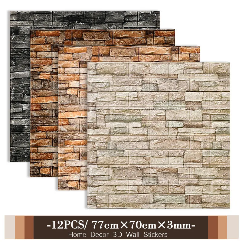 12pcs/bag 3D Brick Wall Sticker Bedroom Living Room TV Wall Decoration 77x70cm Waterproof Self-Adhesive Wallpaper