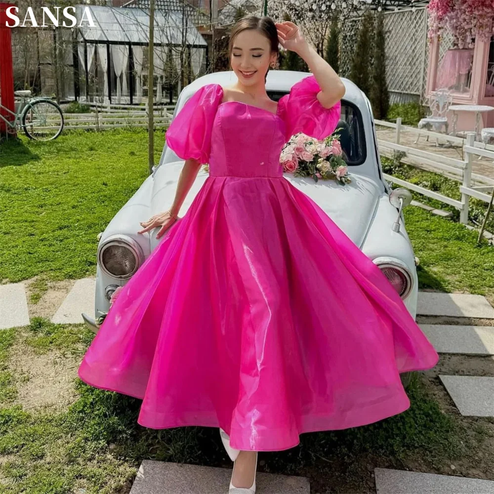 

Sansa Simple Pink A-line Organza Evening Dress Strapless Cap Puffy Sleeve Wedding Dresses Ankle-Length Draped vestidos de fiesta
