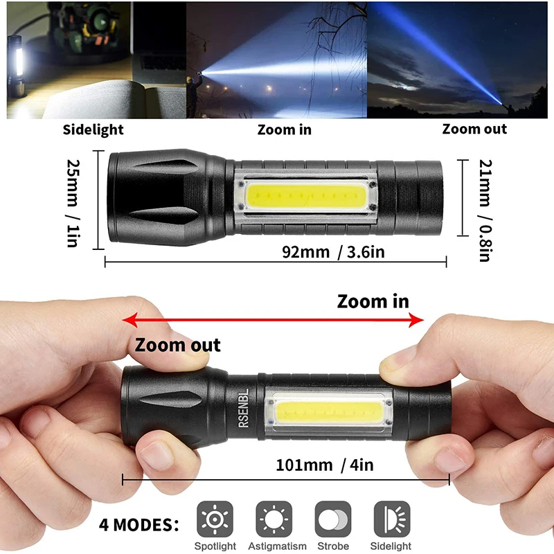 Linterna LED potente con zoom portátil, minilinterna recargable, 3 modos de iluminación, linternas de emergencia para acampar al aire libre