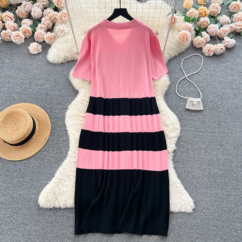 Women Vintage Polo Neck Buttons Contrast Color Short Sleeved Dress Summer Thin Loose Pleated Dress Casual Mid-Length Knit Dress