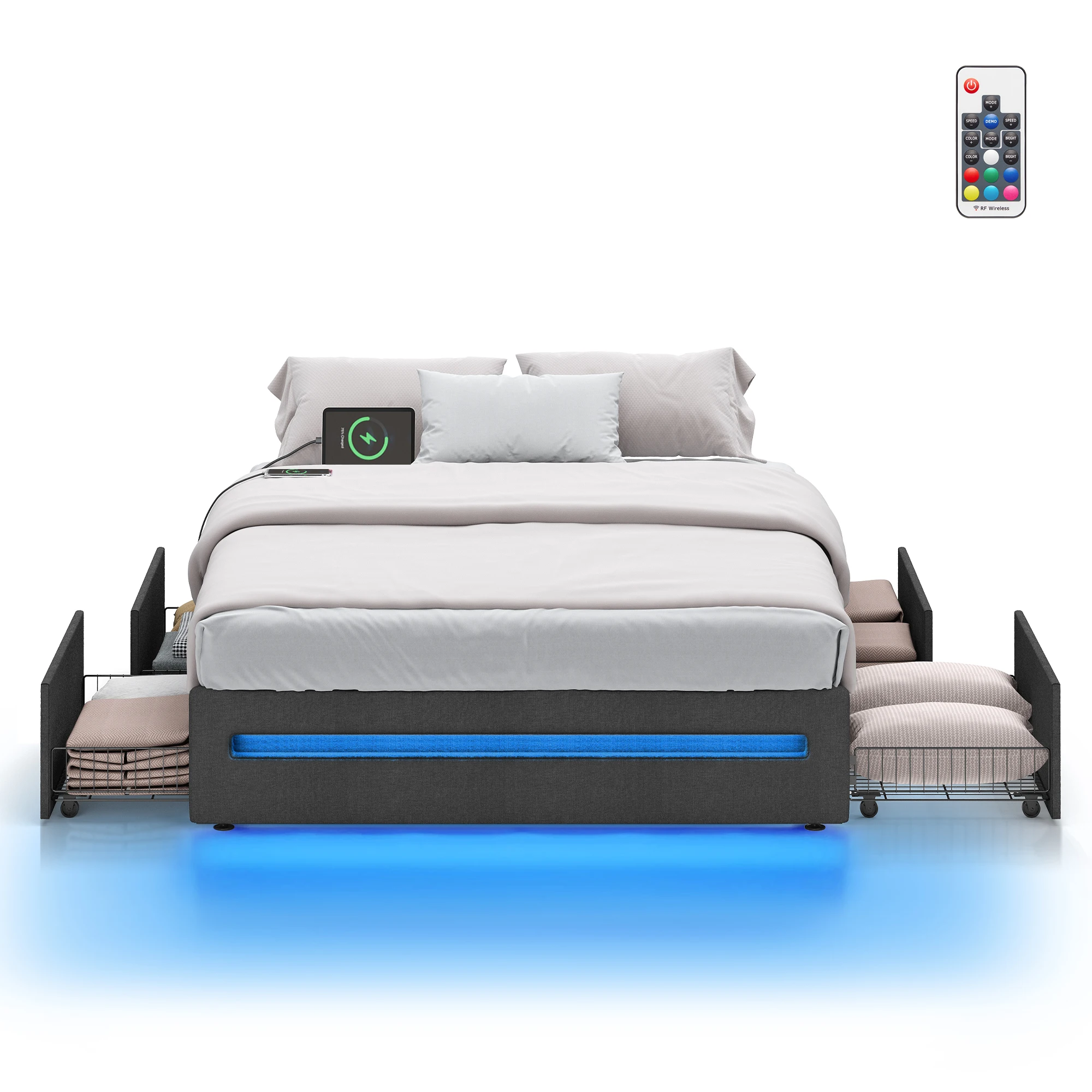 

VASAGLE Modern Dark Gray LED Queen Bed Frame With Storage Drawers Wooden Frame and Pu Leather Upholstery Full Size Bed