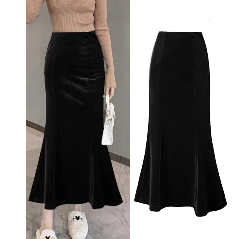 

2024 Women Elegant A-Line Velvet Skirts High Waist Spring Trumpet Skirts Women Casual Black Skirts Jupe Femme Saias Mujer