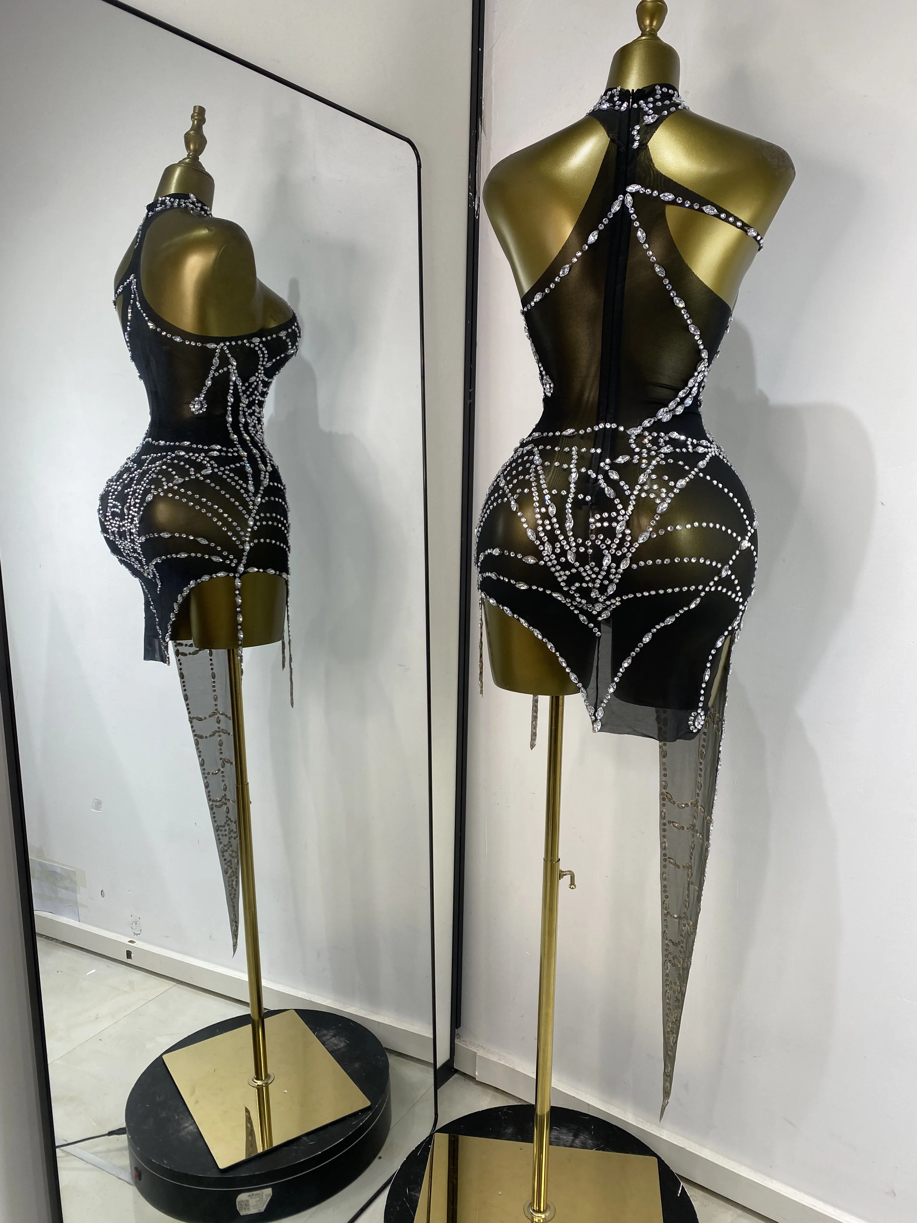 فستان نسائي مسائي للحفلات والنوادي على طراز الشرير مرصع بأحجار الراين الشبكية غير المتماثلة فستان تنكري للهالوين Nightbar DJ Gogo أزياء فستان #1