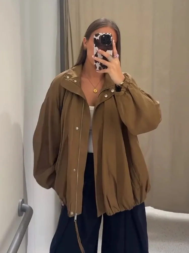 HH Herbst Frauen Lose Jacke Zipper Plissee Taschen Dekoration Mantel Lässig Frau Lange Hülse Dünne High Street Stil Jacke