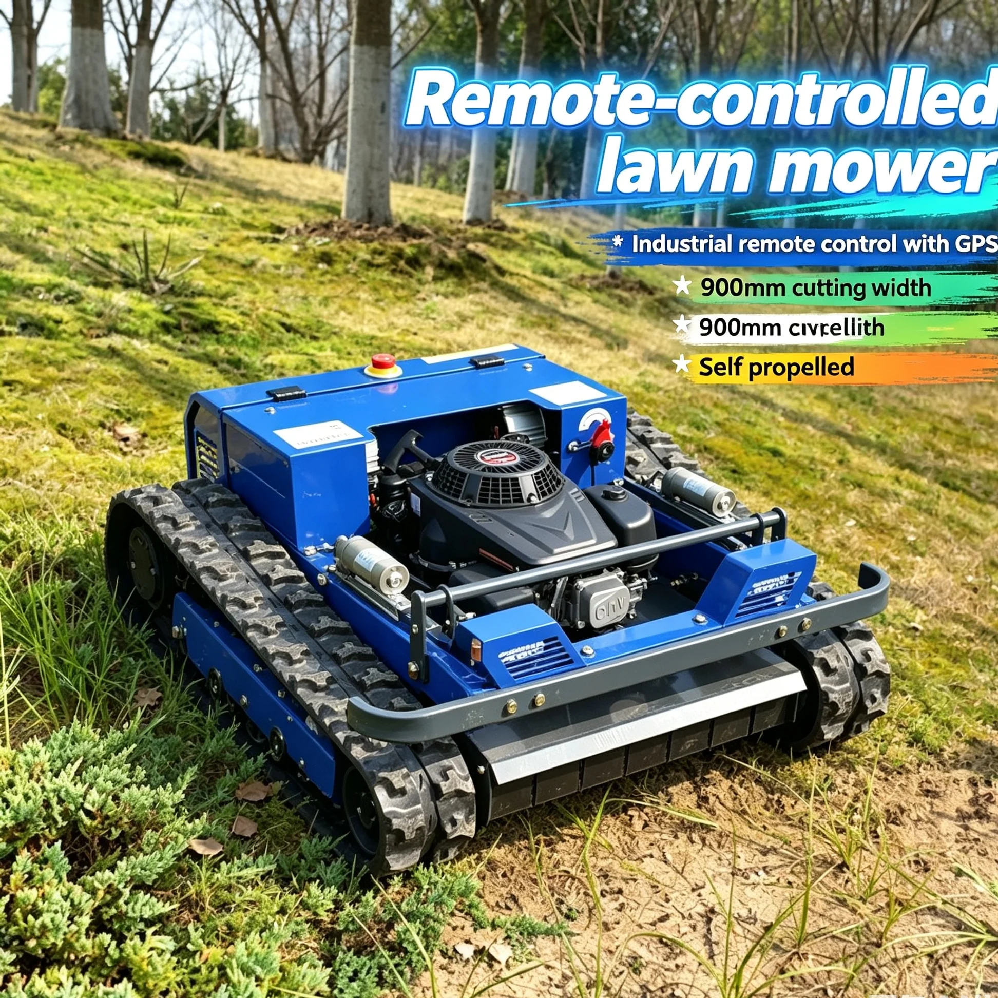 Customized crawler remote lawn mower is equipped with snow shovel and storage rack, 4-stroke power outputs steady torque for 550