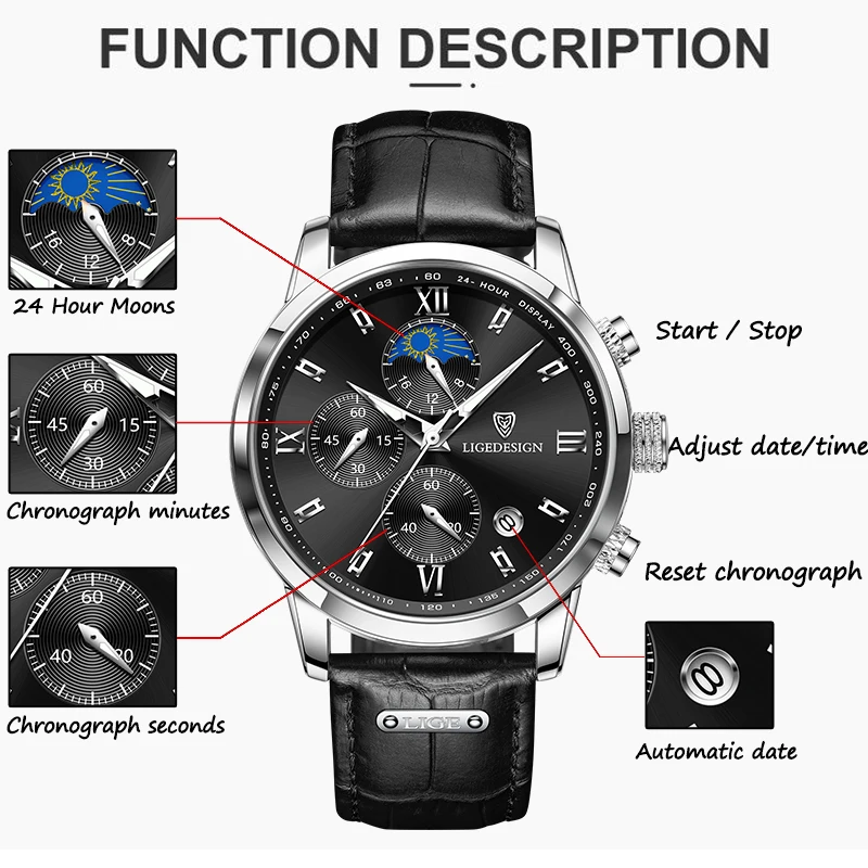 LIGE Men Date Clock Watches Male Chronograph Watch for Men Business Fashion Watch Man Top Brand Luxury Leather Quartz Wristwatch