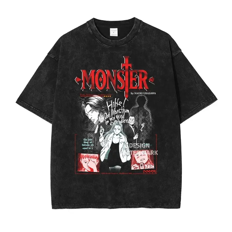 Koszulka Anime Monster Liebert Johan Vintage Washed Tops Tees Manga Graphic Short Sleeve Męska Damska Casual Plus Size Miękka