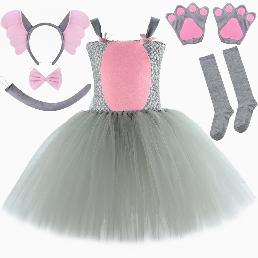 

Toddler Girls Elephant Costume Grey Pink Animal Themed Party Tutu Dress Children Halloween Carnival Perform Dress Up Outfit