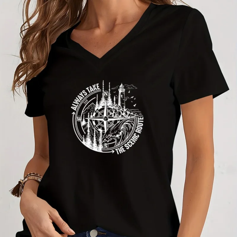 

Harajuku Travel Lover T-shirt Women Funny Vacation Shirt Always Take The Scenic Route Graphic T Shirt Fashion Lady V Neck Tshirt