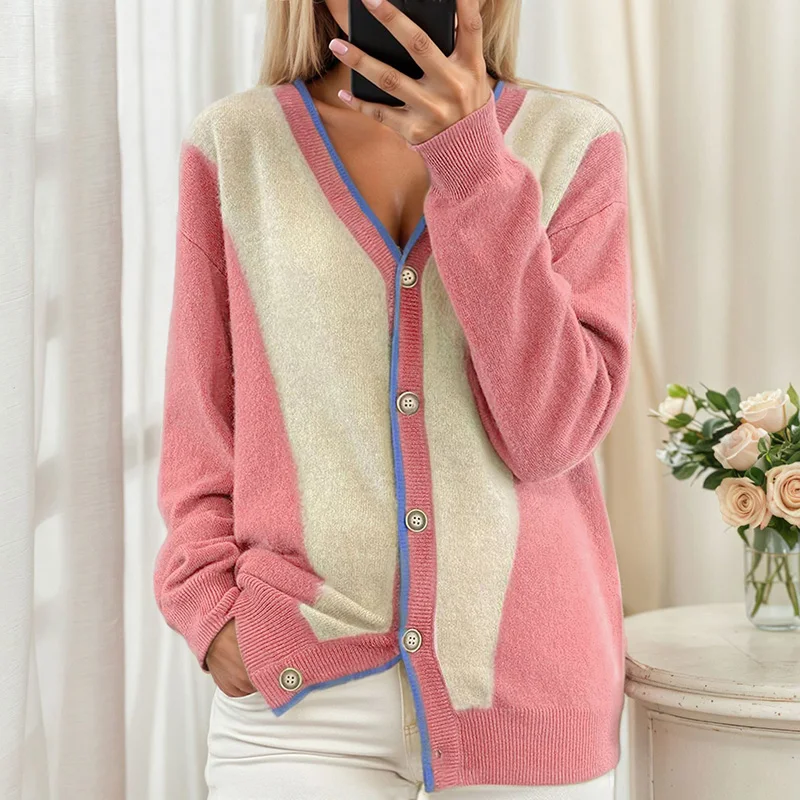 

Casual V-neck Color Blocked Long Sleeve Sweater Autumn Winter Fashion Lady Single Breasted Commute Knit Cardigans 2025 Women New