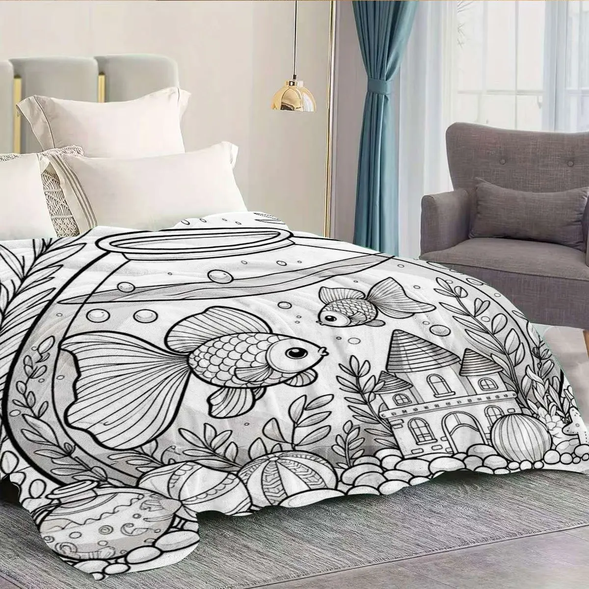 Aquarium Scene DIY Coloring Throw Blanket, Black White Line Art with Goldfish Castle Underwater Elements, Decor Blanket for Home