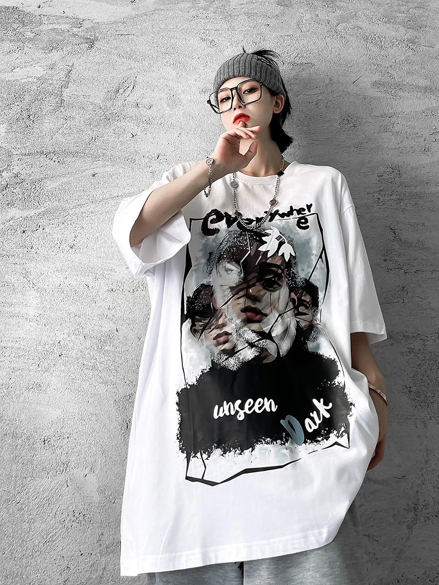 

Long Loose T-shirts Man Women China-Chic Ins Gtohic Punk DarkT-shirt Female American Couple Short Sleeve Oversize T-shirt