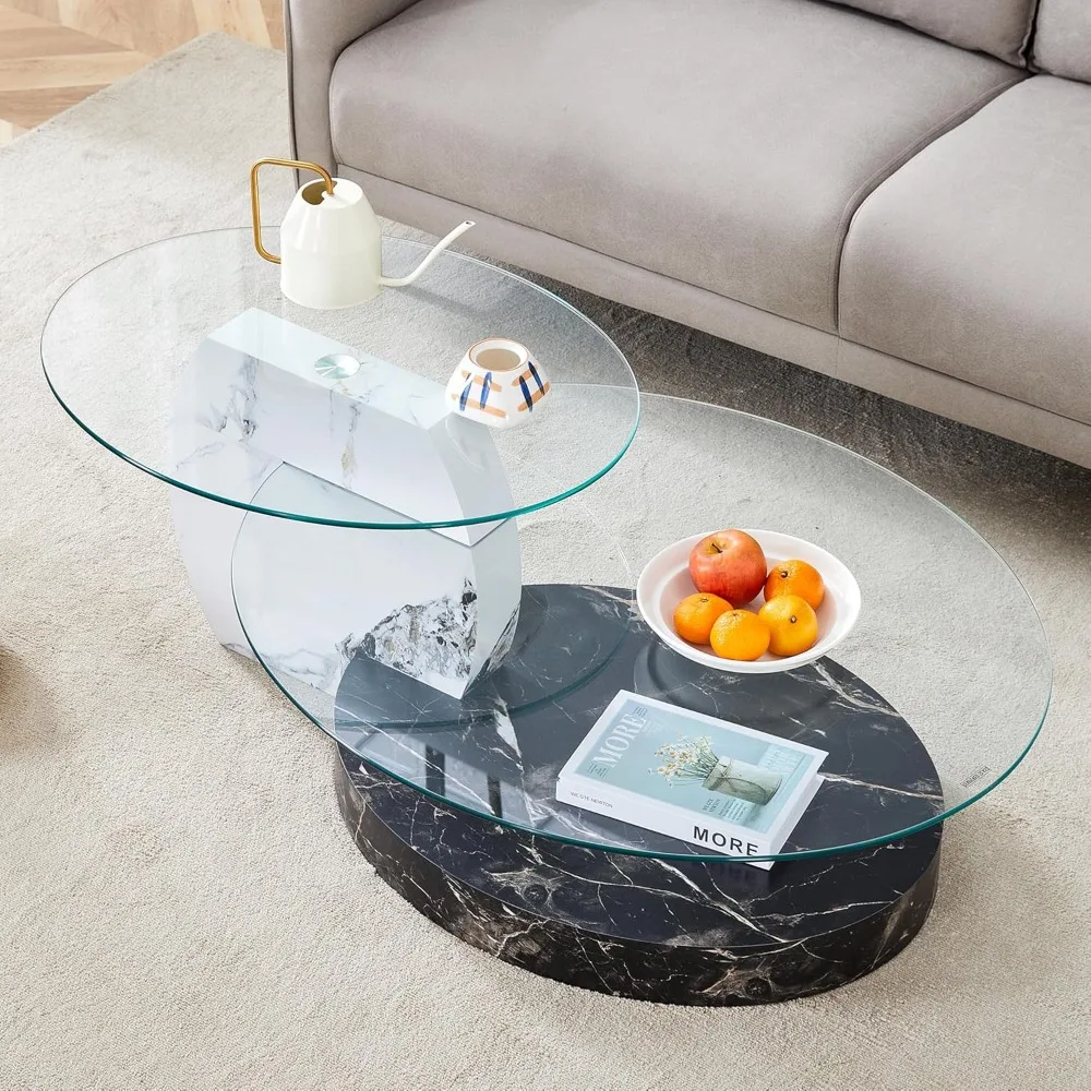 

47 Glass Coffee Table｜Oval Coffee Table｜3-Tier Design with Oval Tempered Glass Tabletop｜White Black Color Wooden Base｜Large Stor