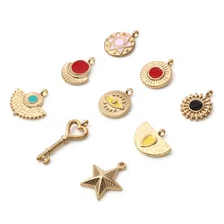 1PC Stainless Steel Pendant Gold Color Geometric Round Star Multicolor Enamel Charm DIY Making Necklace Bracelets Women Jewelry