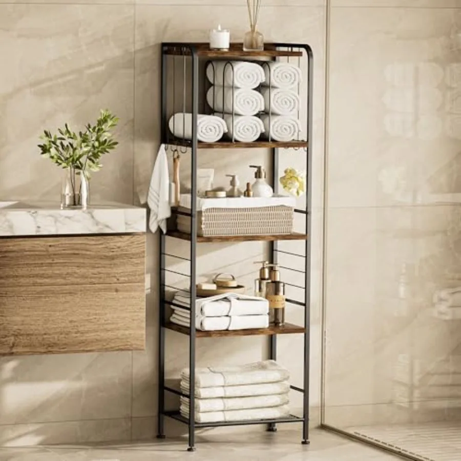 

Bathroom towel rack: 5-tier rustic metal organizer with M-shaped detachable dividers and hooks beige finish space-saving storag