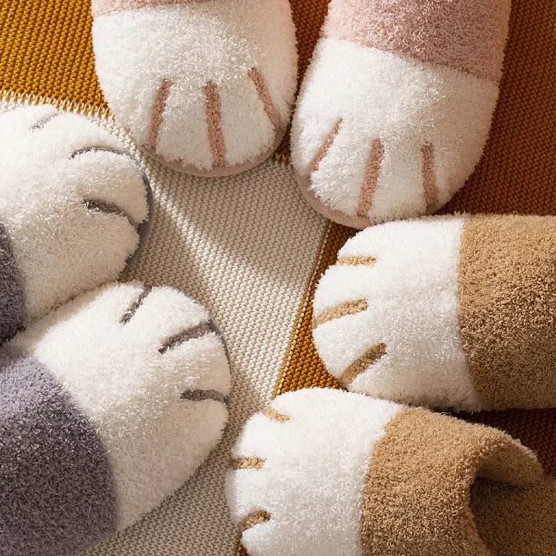 Unisex Men and Women's Winter Cotton Slippers, Cute Cat Paw Cartoon Indoor Home Antislip Fleece Wear-resistant Cover Toe Slides