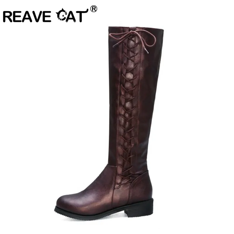 REAVE CAT women\'s shoes Knee High Boots flat heels pointed toe cross-tied decor black bota feminina big size 45 46