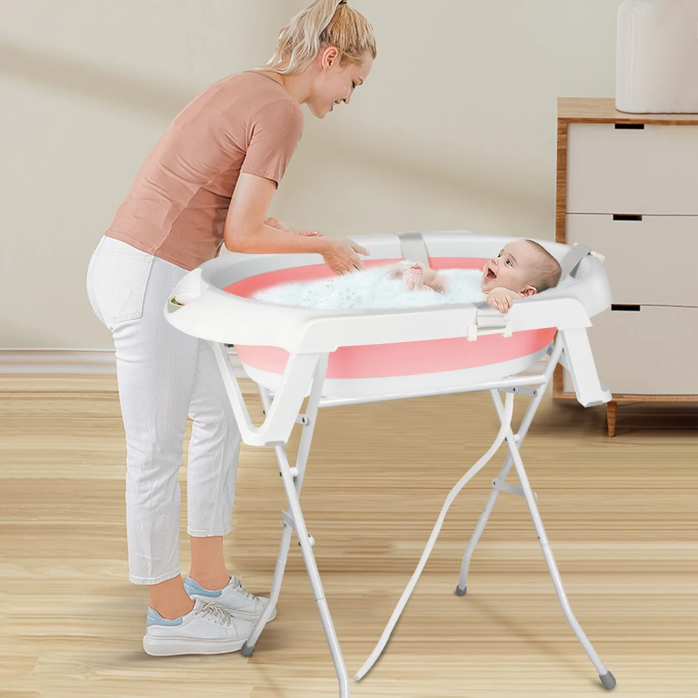 Vasca da Bagno Pieghevole per Neonati con Supporto, Termometro, Cuscino e Cappello da Bagno, Vasca per Bambini con Sistema di Drenaggio, in PP e TPE