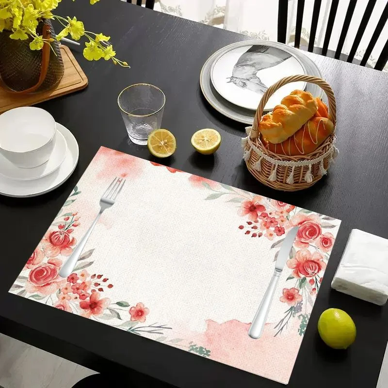 VIKAMA Placemat Red Pink Floral Pattern, Waterproof Oil-Proof Heat-Resistant Non-Slip Woven Dining Table Mat