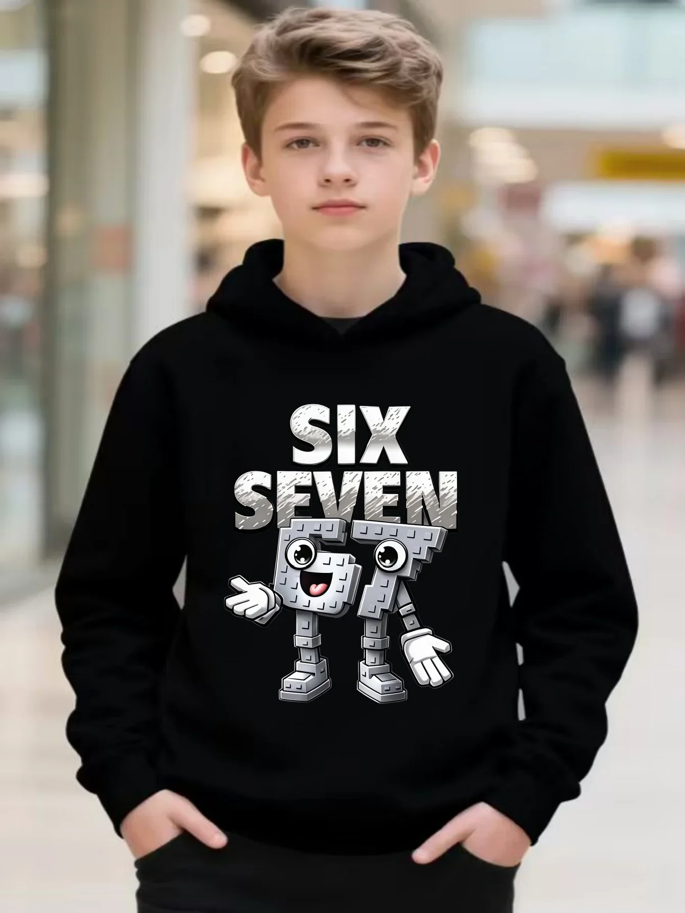 Kids Robot Hoodie Autumn Winter Fleece Lined Six Seven 67 Cartoon Number Graphic Print Warm Pullover Casual Sweatshirt
