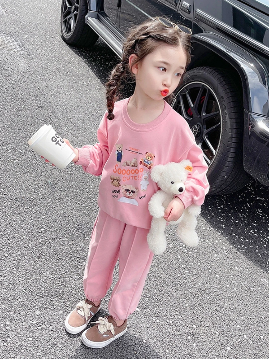 

Spring 2026 Children's Faion Casual Comfortable Bear Print Outfit Girls Set High Waist Loose Fit Long Sve irt And...