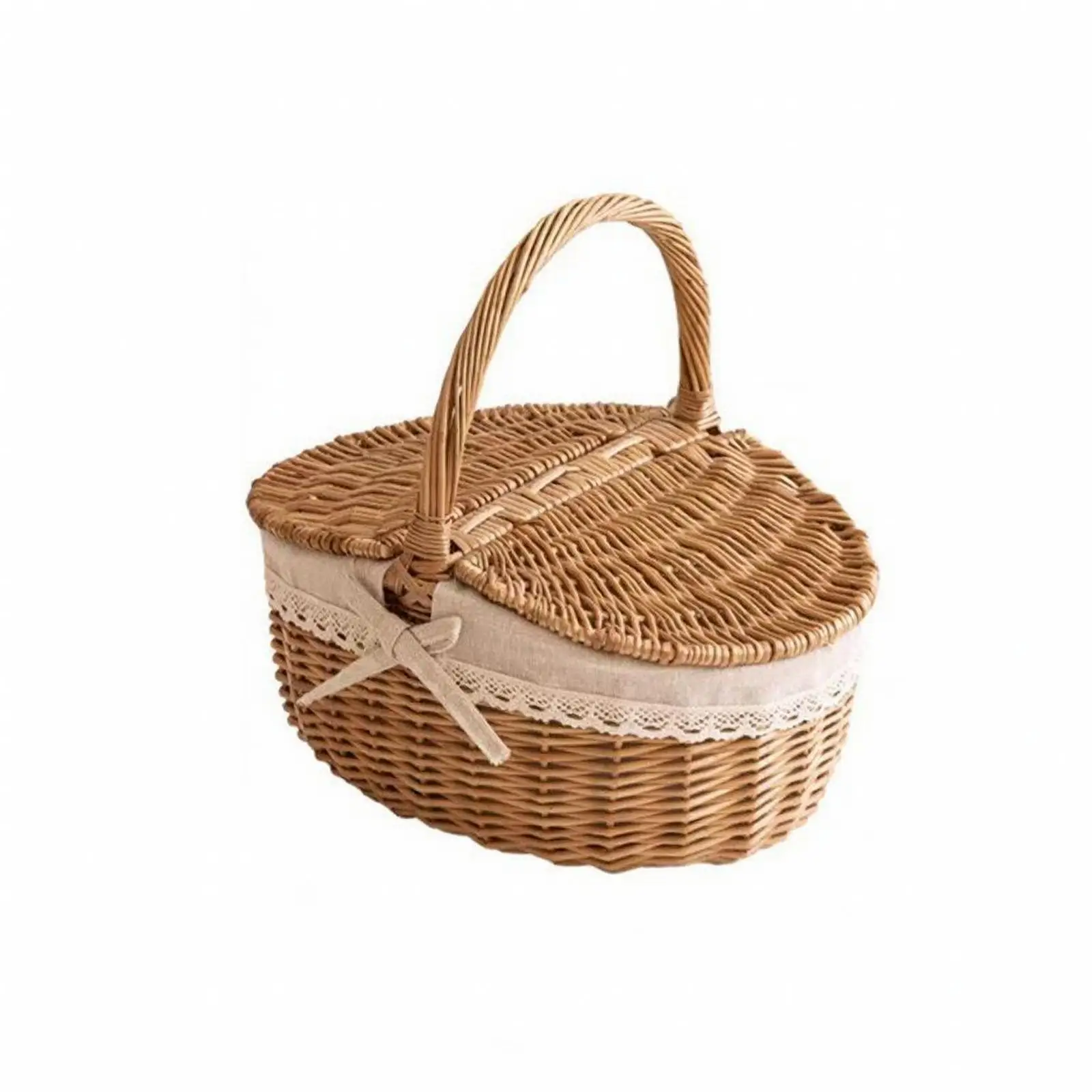 Woven Storage Basket with Lid Willow Picnic Basket for Outdoor Travel Home Organization Rustic Decor