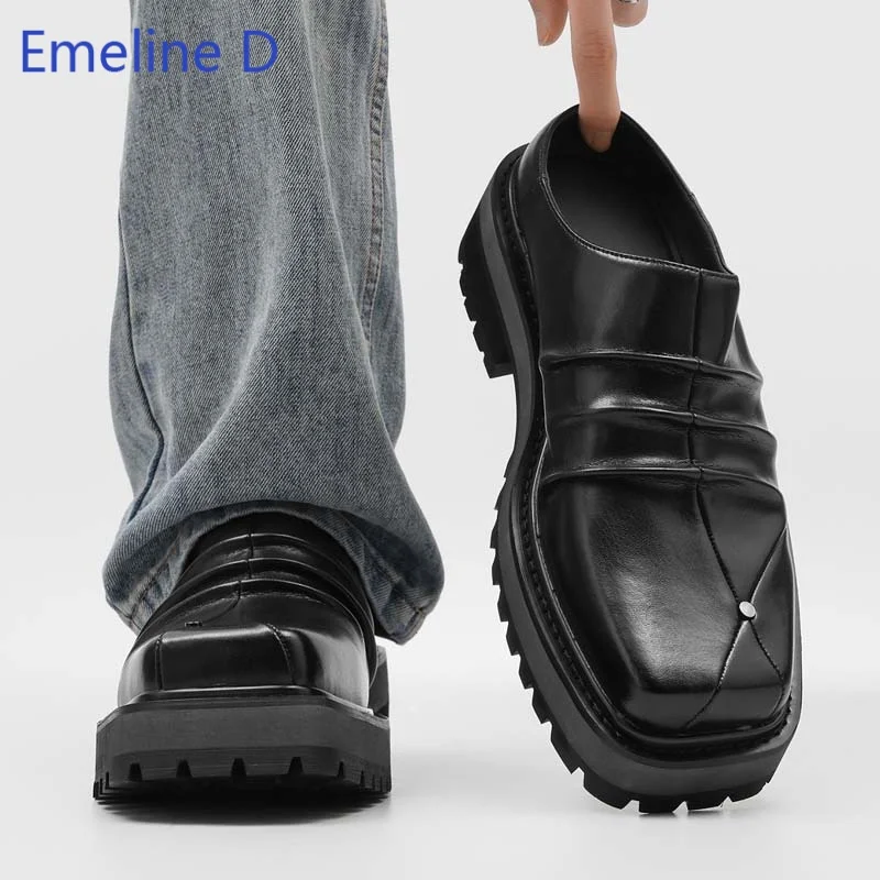 Square Toe Mule Loafers Mirror Gloss Leather Gathered Ruched Strap Tiny Metal Stud Ornament Serrated Comfortable Flat Shoes