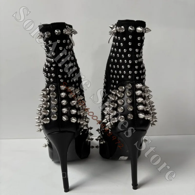 Punk Gothic Ladies High Heel Ankle Booties Pointed Toe Thin Stiletto Heel Black Mixed Material All Over Silver Rivet Ankle Boots