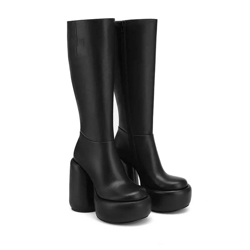 Nuevas botas altas de otoño e invierno para comercio exterior, plataforma cilíndrica impermeable de cabeza redonda, botas largas de tacones súper altos