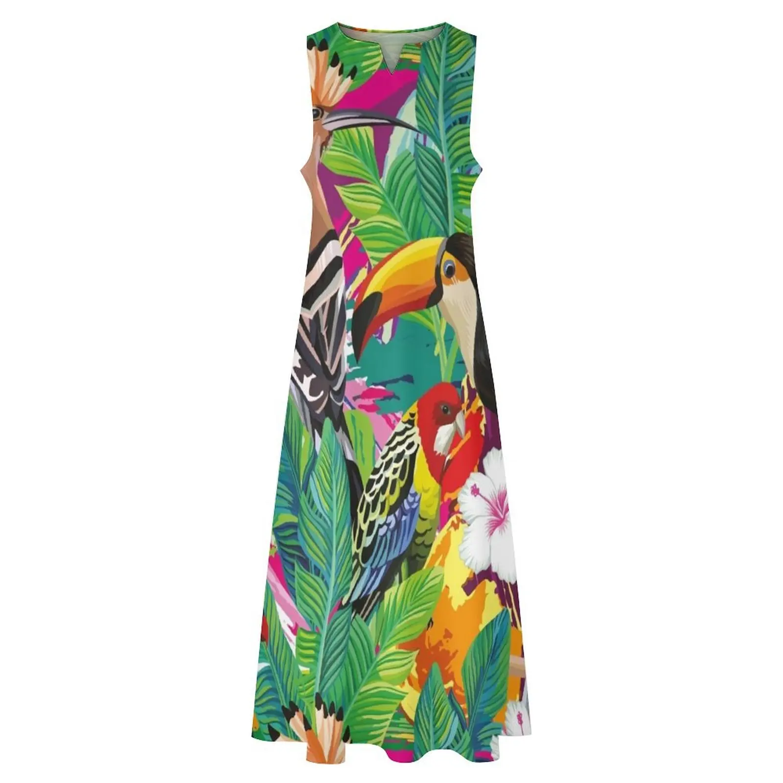 Seamless Composition Tropical Bird Toucan Parrot Hoopoe Palm Leaves Long Dress Prom gown Womens dresses luxury dress Dress