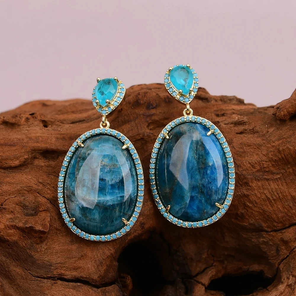 

G-G Natural Blue Apatite Stone Zircon inlay Green Quartz Stud Earrings For Women