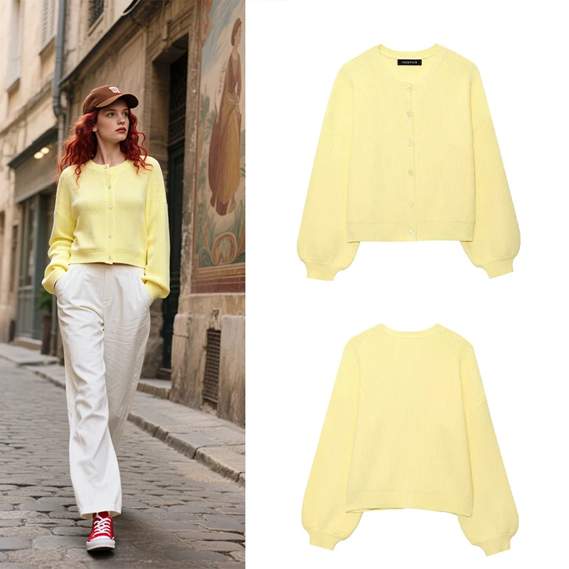 

2025 New Womens Knitted Cardigan Jacket Puff Sleeves Cropped Single Breasted Summer Everyday Casual Wear Casual Street Style