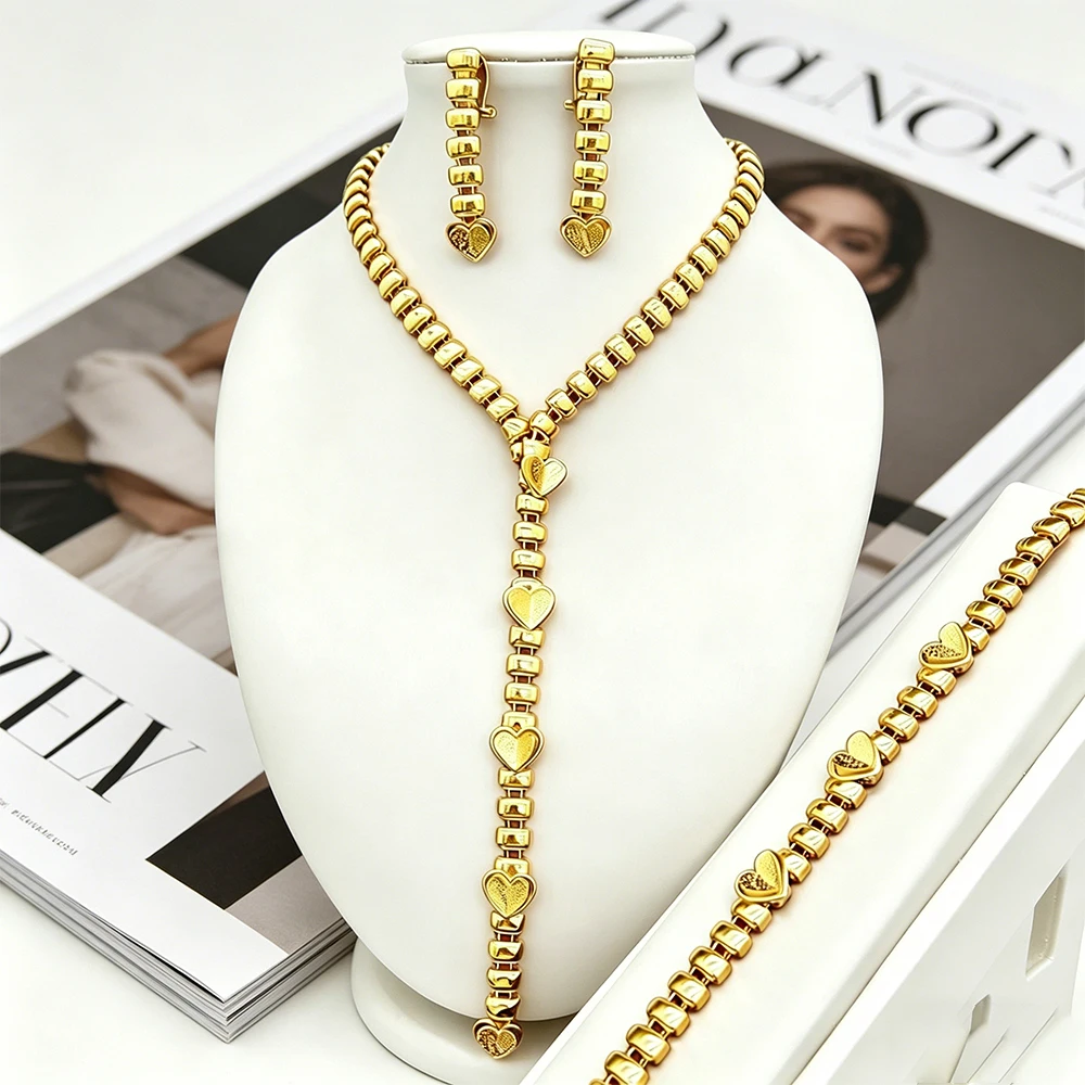 

Dubai Luxury Lariat Chain 24K Gold Plated Heart Jewelry Set African Style Necklace Earrings Bracelet 3Pcs Jewelry Set for Women