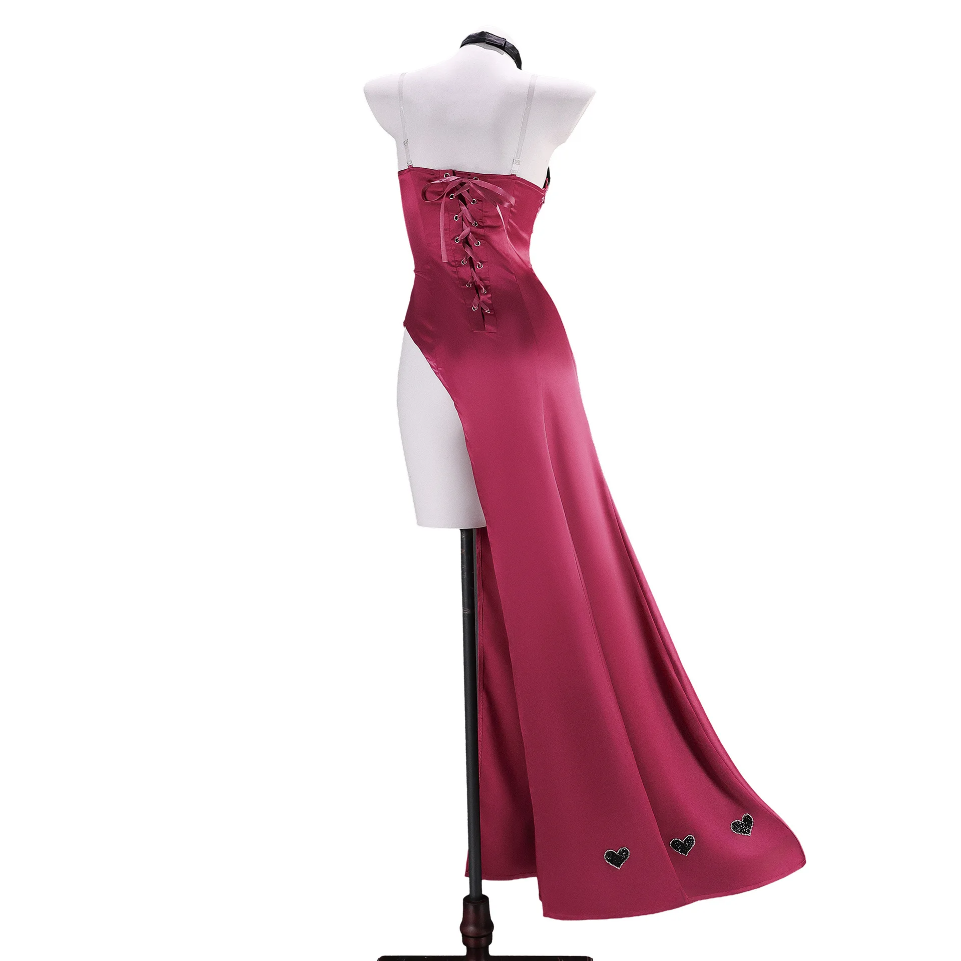 Angel Dust Cosplay Costume Heart Sequin Spaghetti Strap Mermaid Dress Pink Satin High Side Slit Long Gown Black Choker set view 3