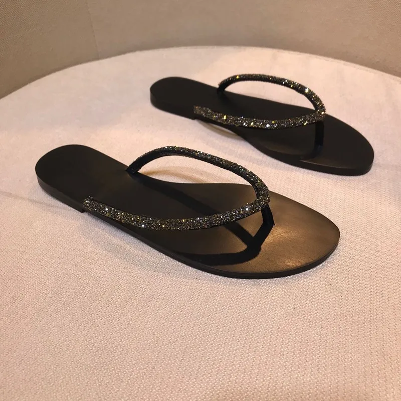 Chanclas de espiga con diamantes de imitación para mujer, sandalias de punta plana con Clip, sandalias de talla grande, sandalias de playa, chanclas