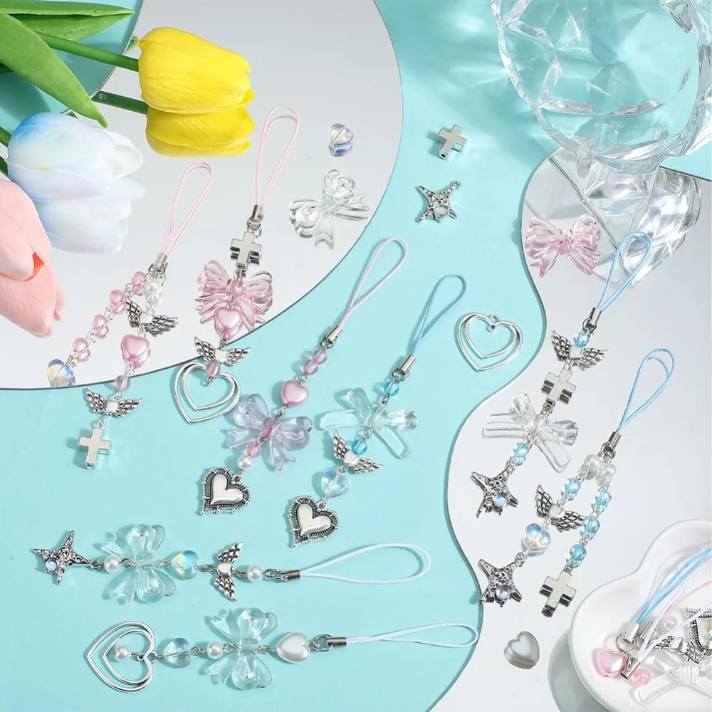 154Pcs DIY 8 Sets Phone Charm Making Kit Cute Bowknot Bow Knot Wing Heart Beads Phone Charms Phone Keychain Charm Cell Phone kit view 4
