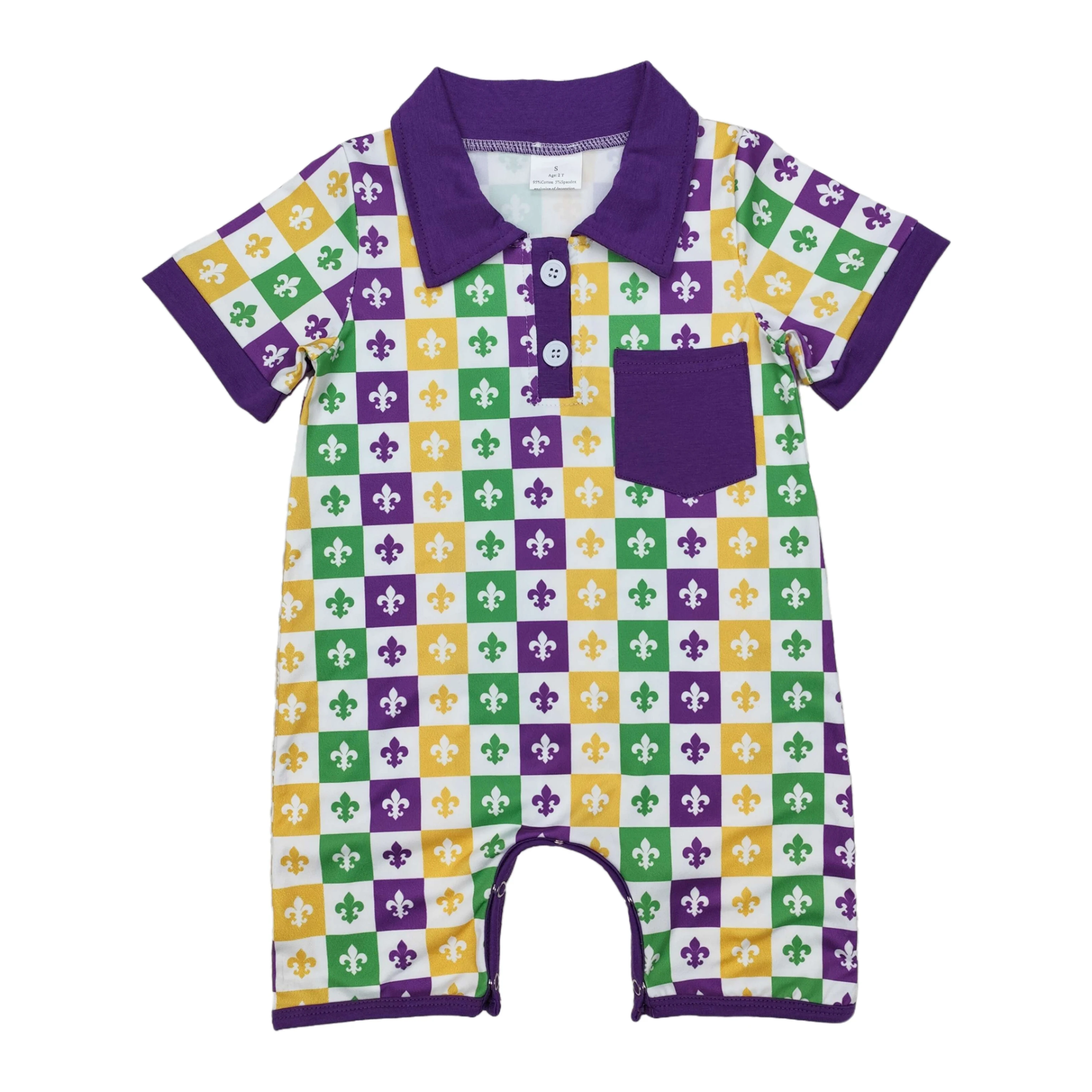 Wholesale Toddler Mardi Gras Romper Kids Short Sleeves Clothes Baby Boy Checked Bubble Children Infant Pullover Buttons Jumpsuit