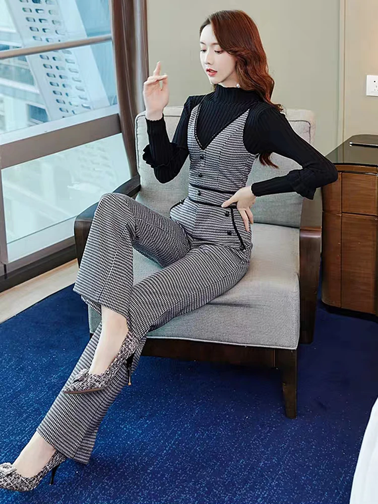 Elegant Houndstooth Jumpsuit Women Spring Autumn Korean Fashion High Waist Office Lady Jumpsuits Combinaison Femme Overalls