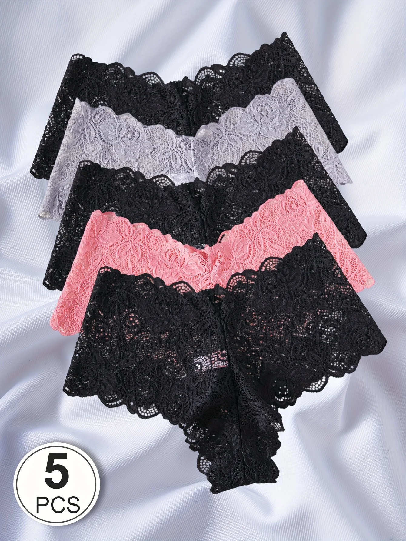 5-Piece Set of Women's 3D Embroidered Floral Lace Panties - Low-rise Hollow Sheer Underwear, Elegant Special Line Collection