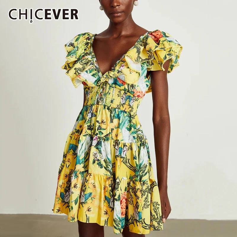 

CHICEVER Floral Print Cutout Mini Dress with Bow for Women V Neck Flying Sleeve High Waist Slim Folds Sweet Dress Female Summer