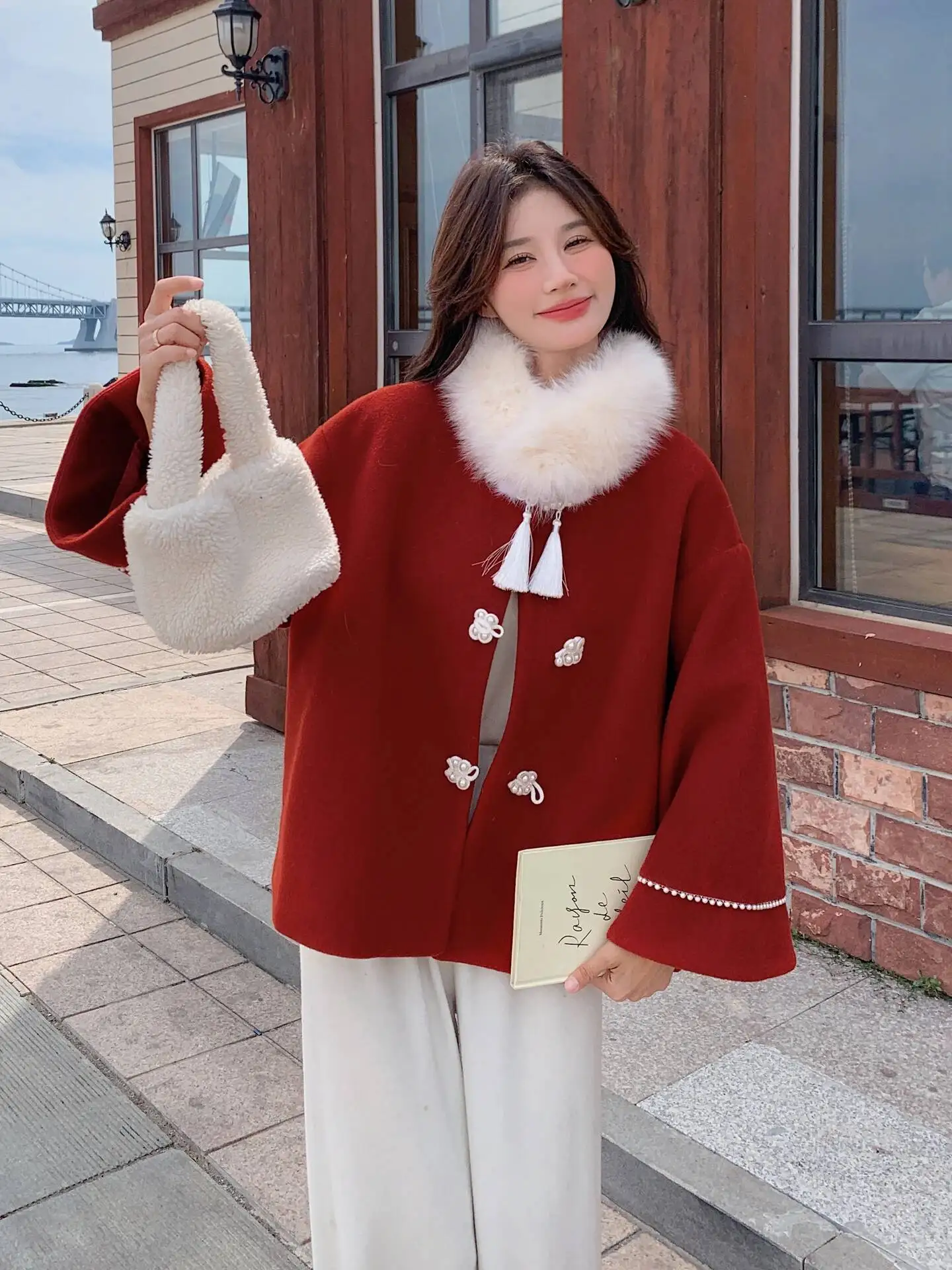 

Red Woolen Coat Women's Winter Chinese National Commute Vintage Loose Fit Single Button