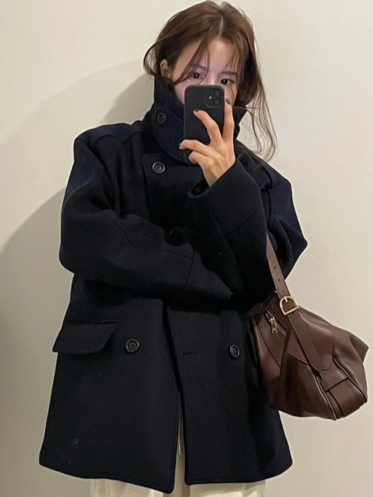 

Korean Sle Double Button Cotton Lined Loose Women's Woolen Coat Retro High End Feeling Small Size Winter Coat