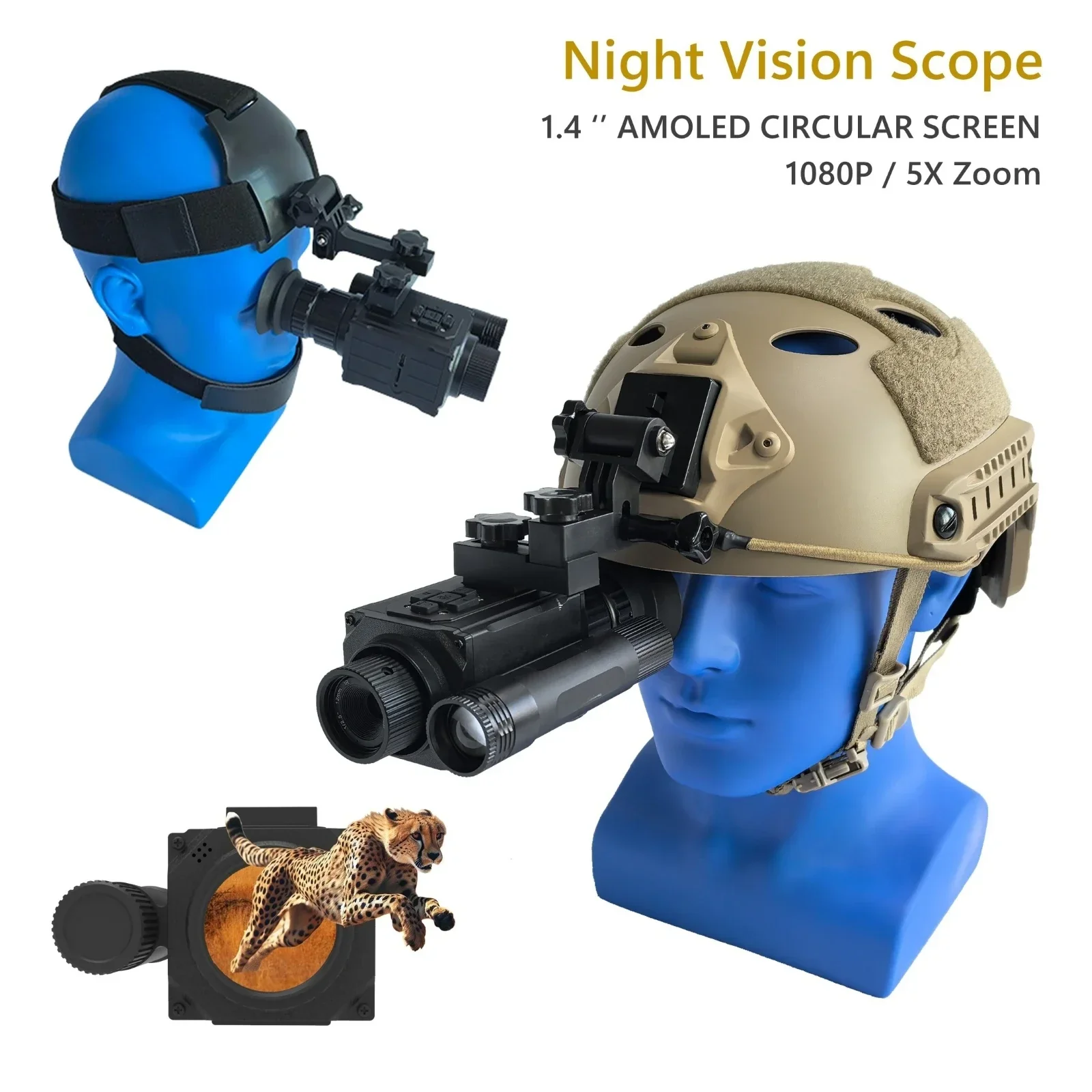 5X Digital Zoom Night Vision Scope 1.4 Inch 1080P Full Circular Screen Monocular 850nm/940nm IR 200-400M Helmet /Headband Camera