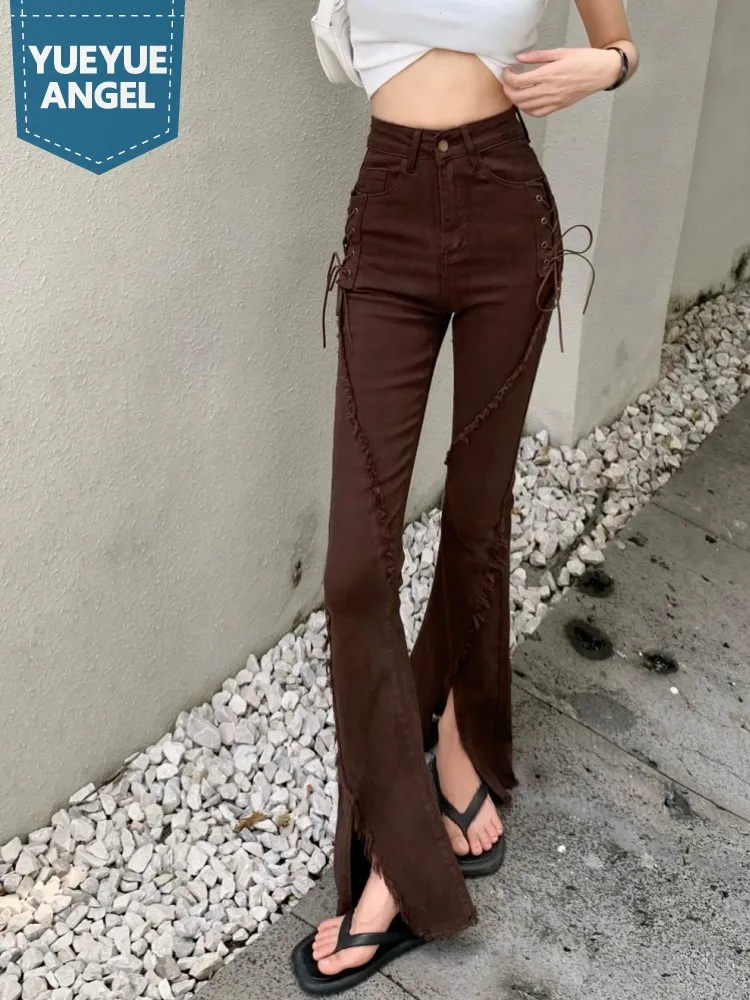 High Street Women Floor Length Side Lace Up Denim Pants Stretchy Slim Fit High Waist Vintage Tassels Jeans New Split Flare Pants