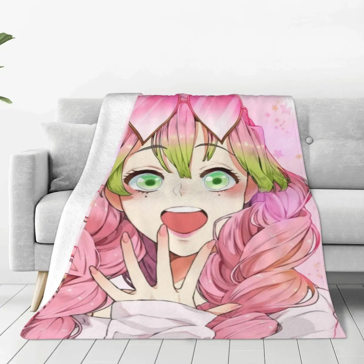 Demon Slayers Kanroji Mitsuri Flannel Blanket Manga Anime Novelty Throw Blankets for Home 125*100cm Quilt