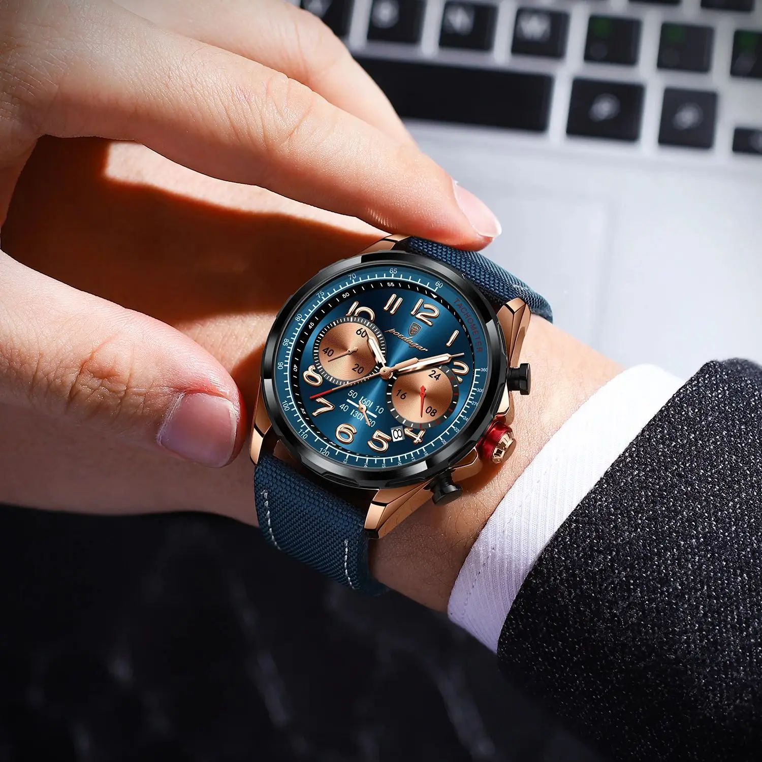 POEDAGAR Luxury Sport Quartz Men\'s Wristwatch Chronograph Date Man Watch Waterproof Luminous Nylon Leather Watches For Men Reloj
