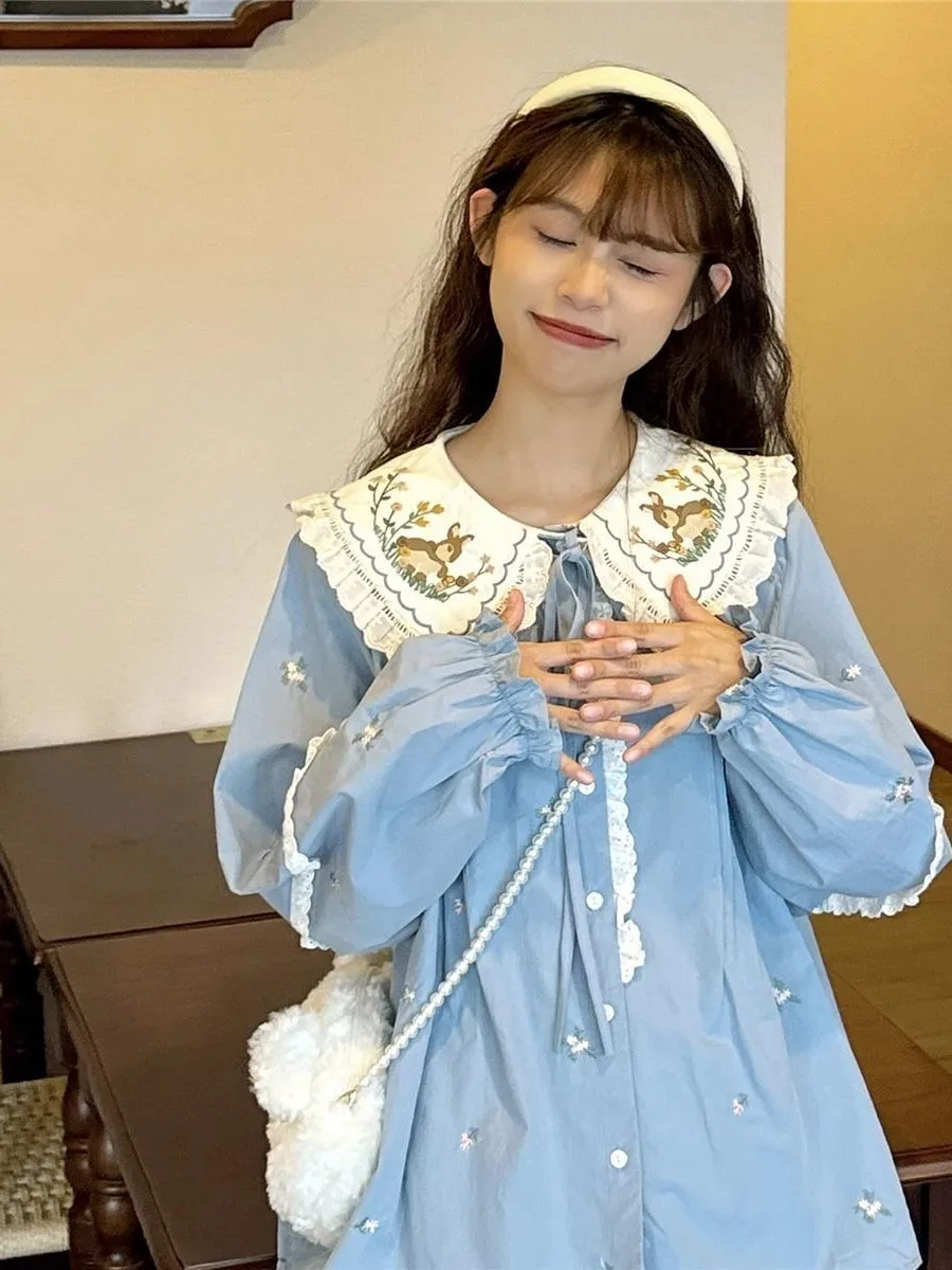 プラスサイズ 300ポンド ファットMM ウサギ刺繍 ドールカラー ロングスリーブ レディース 夏新作 ルーズトップ 韓国風 スタイル 純綿